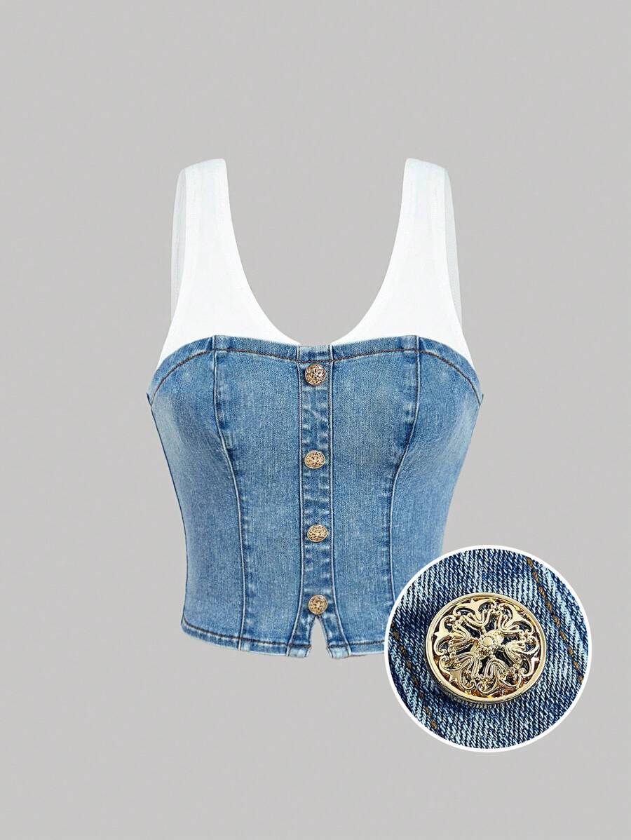 SHEIN MOD 女士休闲无袖牛仔上衣，夏季简约时尚，二合一牛仔紧身抹胸，狂欢，女士办公室着装，Y2k 上衣，辣妹上衣，夏季，女士紧身胸衣上衣，女士露脐上衣，女士外出上衣，生日，Y2k 上衣，蓝色抹胸，街头服饰上衣，老钱风格女士，度假上衣