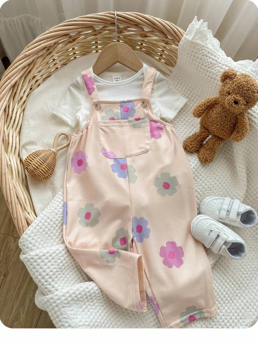 新生女婴可爱百搭粉色花朵图案连体衣，秋冬 - 杏色 - 查看 1