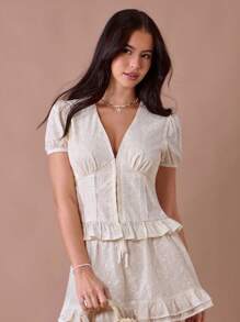 Enchnt 女式 V 领泡泡袖上衣，花卉刺绣和荷叶边下摆，时尚 - 白色 - 查看 1