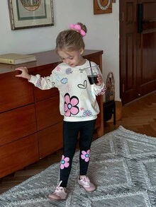 SHEIN Bộ áo len cổ tròn dễ thương thời trang thường ngày cho bé gái có tay dài in họa tiết và quần bó - Màu be - Xem 4