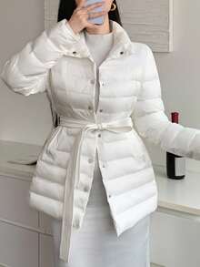 DAZY 女式格纹收腰轻薄夹棉外套，修身版型，秋冬夹克 - 米色 - 查看 1