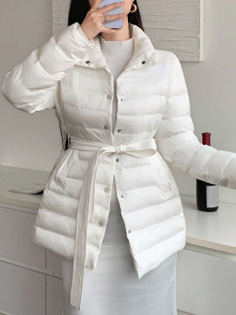 DAZY 女式格纹收腰轻薄夹棉外套，修身版型，秋冬夹克 - 米色 - 查看 1