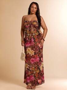 SHEIN BAE 大码女装曲线服装夏季海滩度假服装，约会旅行，外出，音乐节，乡村音乐节，派对聚会，节日服装，音乐会服装，狂欢节派对服装，节日服装，INS风格服装，黑色性感蕾丝透视套装，抹胸抽绳上衣套装错摆套装 - 彩色 - 查看 1