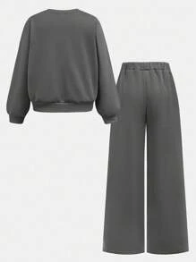 Tween Girls Casual Bow Print Knit Solid Color Loose Dropped Shoulder Long Sleeve Hoody And Wide Leg Sweatpants Set Teen Girls Clothing Sets Teen Sweatsuit Set Girls 2 Piece Outfits Tween Girls Sweatsuit Set Sweat Sets For Tweens Fall Winter - Grey - View 2