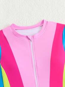 Tween Girls Colorful Printed Splicing Long Sleeve Swimsuit Set, Sun Protection Beach Swimwear - Multicolor - View 3