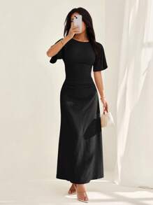 SHEIN PETITE 女式夏季纯色亚麻混纺休闲优雅连衣裙， - 黑色 - 查看 5