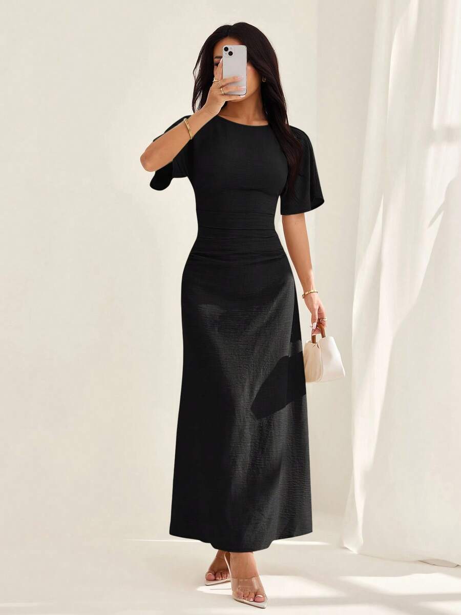 SHEIN PETITE 女式夏季纯色亚麻混纺休闲优雅连衣裙， - 黑色 - 查看 1