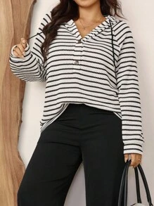Zelara Plus Size Women Stripe Raglan Sleeve Button Half Placket Drawstring Sweatshirt Slouchy Casual Style Airport Winter Fall School - Black and White - View 5