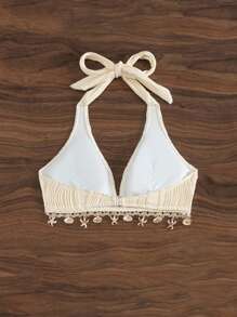 Swim Vcay 1pc Women's Summer Holiday Beach Halter Top, Solid Color With Floral Hem & Shell Decor - Apricot - View 2