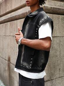 PAVTROS Manfinity Streetrush Men's Black Loose Fit Street Style Denim Vest Jacket - Black - View 6