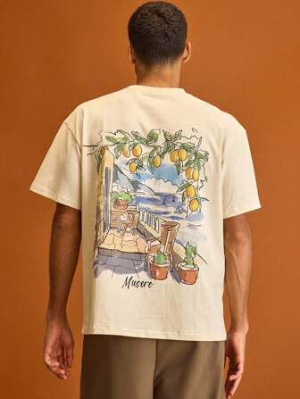 Musero Camiseta de cuello redondo de manga corta con gráfico oversize para hombres, otoño