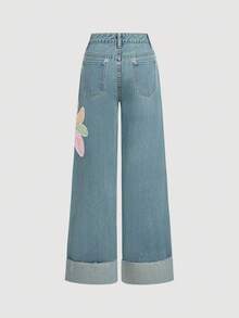 SHEIN MOD Women's Floral Pattern Pocketed Wide Leg Loose Casual Jeans Patchwork Jeans - Blue - View 2