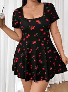 Solflare Plus Size Women's Basic Black Cherry Printed Crew Neck Short Sleeve A-Line Ruffle Hem High Stretchy Comfortable Fabric Solid Color Jumpsuit With Pockets, Suitable For School, Outdoor, Sports, Yoga, Gym, Casual, Daily Wear