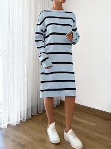 SHEIN Cottnline Women Striped Knit Design Knit Dress With Pocket And Button Details,Petite - Blue - View 5