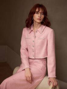MOTF PREMIUM FAUX PEARL TRIM BUTTON UP JACKET - Pink - View 1