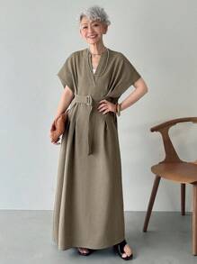 FRIFUL Vestido largo con cuello en V suelto, cintura plisada con cinturón, vestido de unicolor - Verde Oliva - Ver 2
