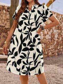 EMERY ROSE Plus Size Women's Black And White Contrasting Branches And Leaves Floral Pattern Short Sleeve Summer Casual Holiday Dress, Gift For Mother, Summer Vacation, Women's Holiday Clothing, Simple And Fashionable, Suitable For Daily Wear, Holiday Atmosphere, Spring Break, Casual Wear SS, Bohemian, Women's Sundress, Sundress Suitable For Going Out,Teacher Outfits For Women Chic Dress