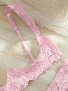 SpicyHot 2pcs/Set Women Lace Embellished Underwire Bra And Open-Crotch Panty Lingerie Set Pink Lace Lingerie Set Lace Thong Set, Going Out - Pink - View 3