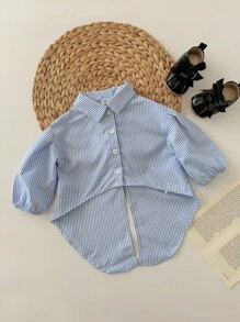 SHEIN Baby Girl Street Casual Parent-Child Asymmetrical Striped Long Sleeve Woven Shirt