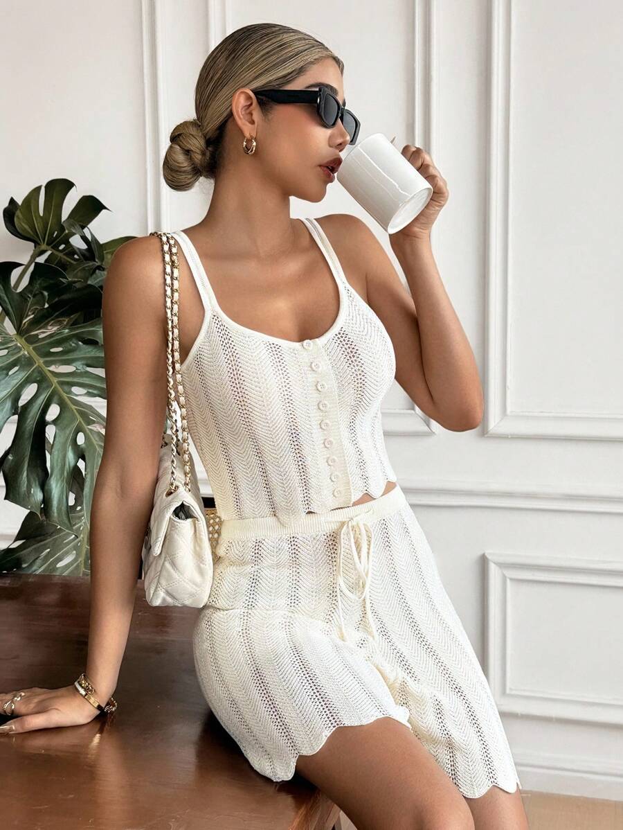SHEIN Frenchy 2pcs Knitted Swirl Pattern Camisole Top And Shorts Set, Sweater Two Pieces Set, Women Summer Casual Vacation Knit Suit Winter - Apricot - View 1