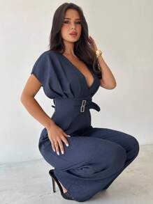 Firerie 新款优雅海军蓝V领双纽扣阔腿连体裤，别致通勤连体裤，时尚连体裤，春夏服装，通勤，优雅，性感，度假，波西米亚，工作服，教师节 - 藏蓝色 - 查看 7