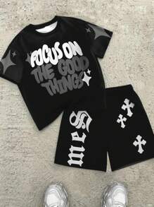 SHEIN Bolty 2pcs/Set Tween Boy Casual Minimalist "Focus On The Good Things" Short Sleeve Round Neck Outfit, Suitable For Summer - Multicolor - View 1