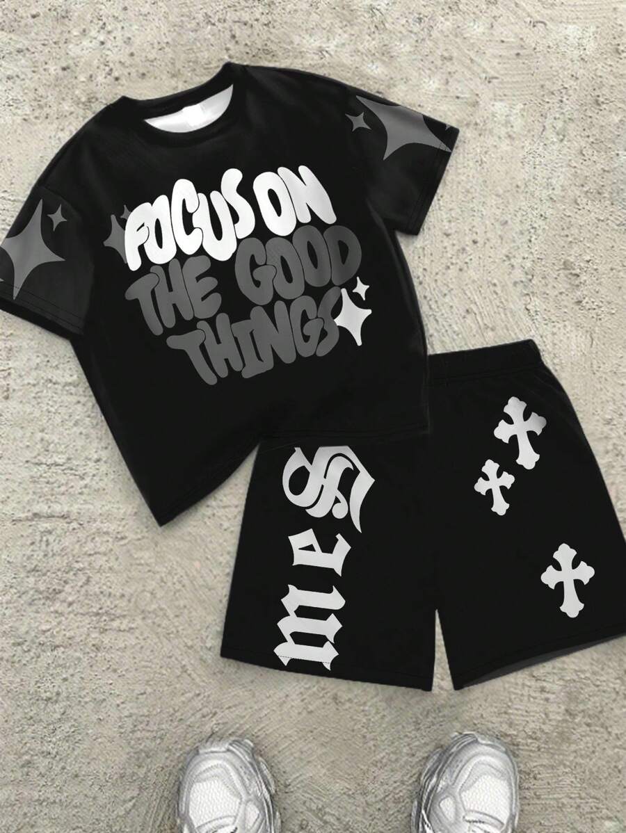 SHEIN Bolty 2pcs/Set Tween Boy Casual Minimalist "Focus On The Good Things" Short Sleeve Round Neck Outfit, Suitable For Summer - Multicolor - View 1