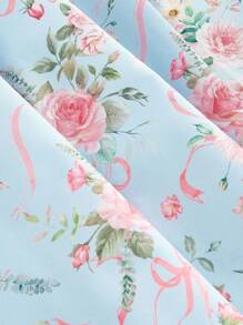 SHEIN X Hannahelzahed SHEIN MOD 女式蓝色花卉印花露背荷叶边蝴蝶结摆裙 - 藍色 - 查看 4