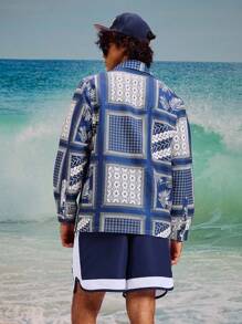 Surfspeed Men Patchwork Print Shirt & Shorts Beach Outfit Set - Black and White - View 5