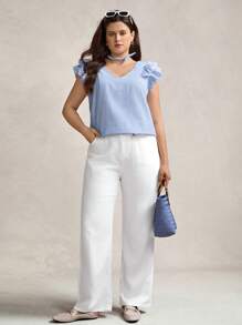 Zelara 大码女式夏季条纹 V 领盖袖宽松休闲衬衫、返校服、女式可爱上衣、女式教师装、女式机场装、简约时尚、通勤简约办公室老款衬衫、休闲日常穿着、适合日常穿着、优雅个性化派对、优雅时尚通勤、优雅衬衫、女式衬衫、适合春夏秋