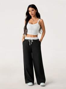 SHEIN PETITE Women Casual Versatile Contrast Color Drawstring Waist Pants