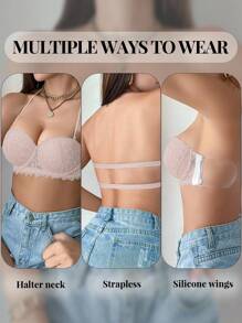 1pc Lace Back-Exposed Sports Lingerie Bra For Small Bust Women, Underwire, Gather, Non-Slip, Invisible Straps - Pink - View 8