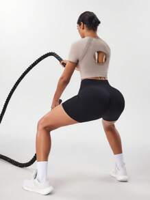 Easithlete Áo thun thể thao tay ngắn cổ tròn liền mạch màu trơn thời trang mùa hè - Màu Khaki - Xem 6