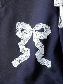 Sweat-shirt-shirt ample en tricot avec nœud pour préadolescentes, décontracté et confortable pour le printemps/automne, style de rue, vacances - Bleu marine - Voir 9