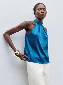 Maija Tie Back Satin Halter Neck Blouse Workwear,Sleeveless Tops,Autumn Outfits For Women - Teal Blue - View 6