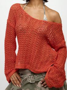 SUMWON WOMEN 钩针编织沙滩罩衫露肩长袖针织毛衣束腰外衣泳衣罩衫度假沙滩装套头衫 - 棕色 - 查看 7