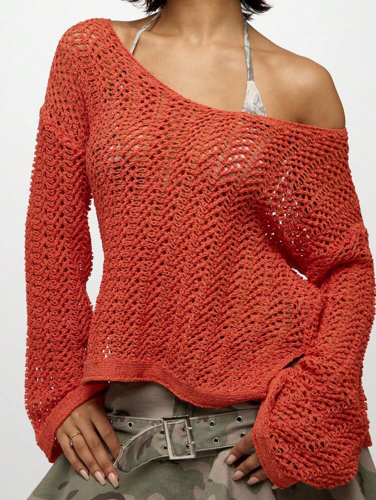 SUMWON WOMEN Crochet Knit Off Shoulder Beach Cover Up