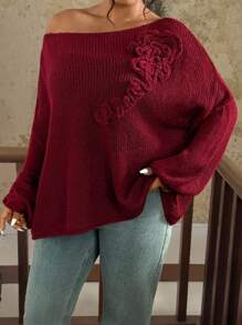 SHEIN VCAY Plus Size Women's Solid Color Voluminous Floral Decor Oblique Shoulder Pullover Sweater In Fall/Winter - Burgundy - View 5