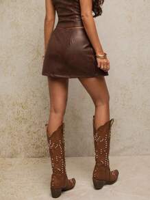 SHEIN BAE Summer And Fall Women's Vintage Music Festival Casual Belt A-Line Half Skirt, Out Half Skirt, Pu Half Skirt, Leather Half Skirt, Music Festival Wear, Party Wear Day Of The Dead - Coffee Brown - View 2