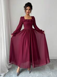 Modelyn 法式束腰方领荷叶边下摆 - 酒紅色 - 查看 3