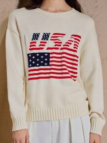 Briarwyn 7月4日美国国旗图案女士宽松圆领长袖休闲毛衣，秋季女装，复古风格女装，度假风 - 杏色 - 查看 8