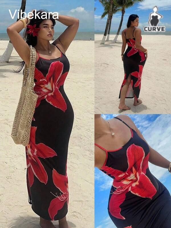 POPSWAY Rochie lejeră cu crăpături și imprimeu floral, mărime plus, rochie de vacanță în stil francez