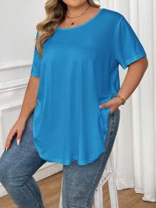 SHEIN CURVE+ Curve 大码/秋装/秋季女装/女士冬装/冬装大码纯色圆领休闲短袖 T 恤，夏季 - 藍色 - 查看 8