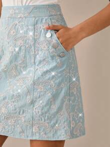 Lilora 优雅串珠刺绣及膝裙，适合日常通勤和日常穿着都市风格派对服装女士亮片外出裙都市休闲，浪漫优雅，外出 - 淺藍色 - 查看 7