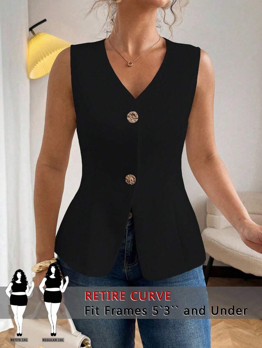 SHEIN PETITE 加大码 V 领纽扣无袖衬衫上衣,休闲背心夹克女士夏季服装女士夏季衬衫女士休闲连衣裙夏季服装女士加大服装正式 - 黑色 - 查看 1
