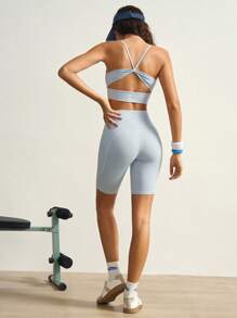 VARSIVA 女士两件套纯色褶皱吊带背心和短裤运动健身套装 - 藍色 - 查看 8