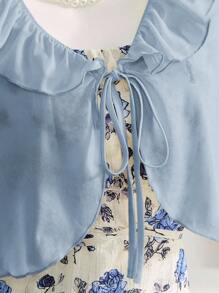 Modelyn 女士优雅纯色喇叭袖上衣，荷叶边饰边，前下摆系带，花朵印花长款吊带连衣裙 2 件套，适合春夏季 2 件套 - 藍色 - 查看 3