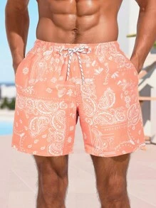 Surfspeed Men's Paisley Print Drawstring Waist Casual Beach Shorts, Summer Men Swimsuit Shorts Men Paisley Swim Trunks Men Orange Swim Trunks