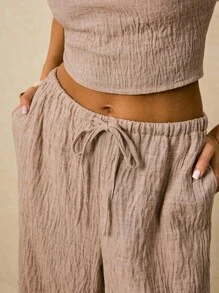 Poéselle 2 Stücke Damen Sommer lässiges einfarbiges Set mit asymmetrischem Kragen anliegender Crop Top und weiter Hose mit Kordelzug Taille