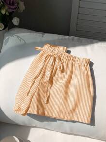 SHEIN EZwear 女士条纹棉麻休闲短裤，夏季 - 黃色 - 查看 6